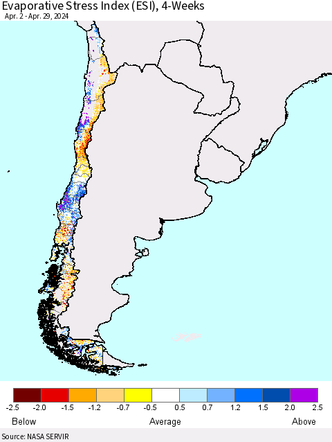Chile Evaporative Stress Index (ESI), 4-Weeks Thematic Map For 4/29/2024 - 5/5/2024