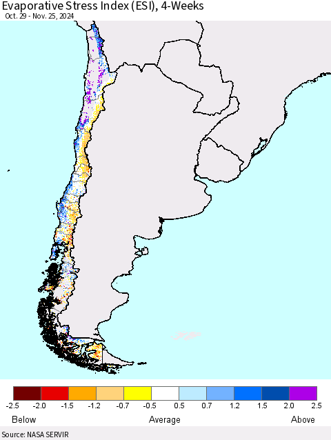 Chile Evaporative Stress Index (ESI), 4-Weeks Thematic Map For 11/25/2024 - 12/1/2024