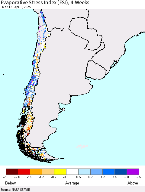 Chile Evaporative Stress Index (ESI), 4-Weeks Thematic Map For 4/7/2025 - 4/13/2025