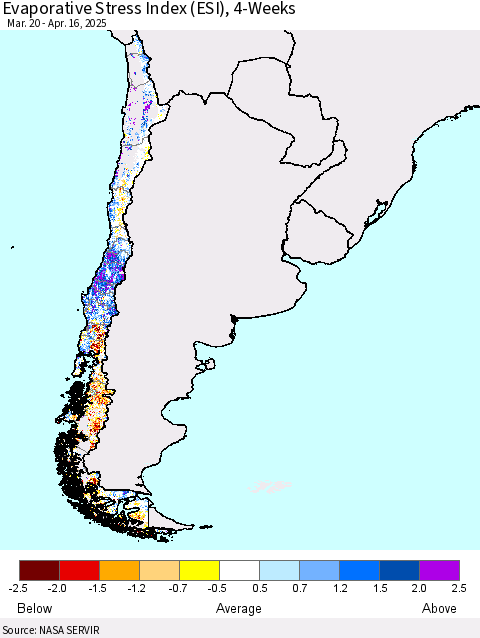Chile Evaporative Stress Index (ESI), 4-Weeks Thematic Map For 4/14/2025 - 4/20/2025