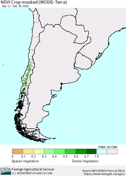 Chile Cropland NDVI (Terra-MODIS) Thematic Map For 9/11/2020 - 9/20/2020