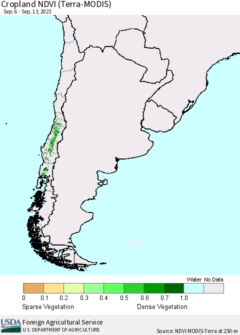 Chile Cropland NDVI (Terra-MODIS) Thematic Map For 9/11/2023 - 9/20/2023