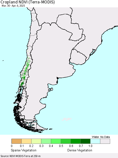 Chile Cropland NDVI (Terra-MODIS) Thematic Map For 3/30/2025 - 4/6/2025