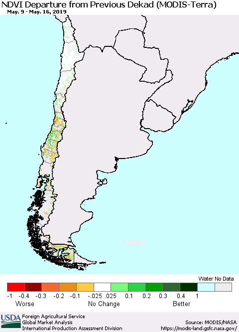 Chile NDVI Departure from Previous Dekad (Terra-MODIS) Thematic Map For 5/11/2019 - 5/20/2019