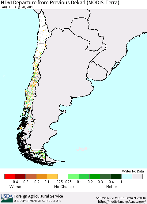 Chile NDVI Departure from Previous Dekad (Terra-MODIS) Thematic Map For 8/11/2019 - 8/20/2019