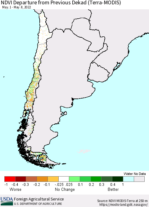 Chile NDVI Departure from Previous Dekad (Terra-MODIS) Thematic Map For 5/1/2022 - 5/10/2022