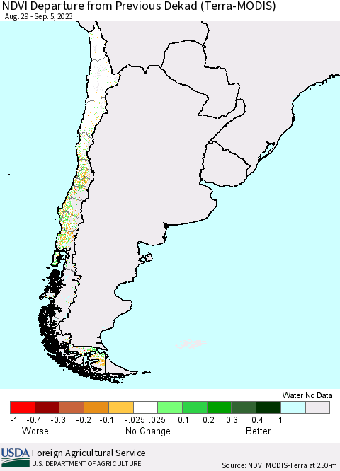 Chile NDVI Departure from Previous Dekad (Terra-MODIS) Thematic Map For 9/1/2023 - 9/10/2023