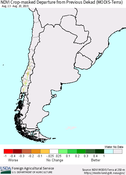 Chile Cropland NDVI Departure from Previous Dekad (Terra-MODIS) Thematic Map For 8/11/2019 - 8/20/2019