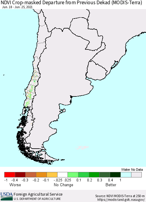 Chile Cropland NDVI Departure from Previous Dekad (Terra-MODIS) Thematic Map For 6/21/2021 - 6/30/2021
