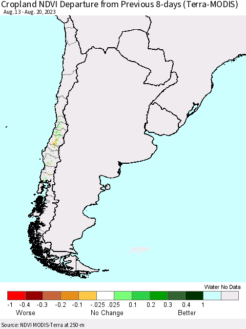 Chile Cropland NDVI Departure from Previous 8-days (Terra-MODIS) Thematic Map For 8/13/2023 - 8/20/2023