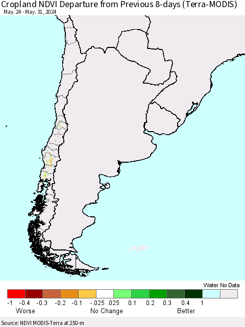 Chile Cropland NDVI Departure from Previous 8-days (Terra-MODIS) Thematic Map For 5/24/2024 - 5/31/2024