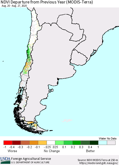 Chile NDVI Departure from Previous Year (Terra-MODIS) Thematic Map For 8/21/2020 - 8/31/2020