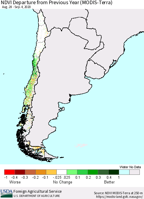 Chile NDVI Departure from Previous Year (Terra-MODIS) Thematic Map For 9/1/2020 - 9/10/2020