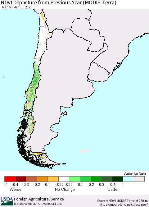 Chile NDVI Departure from Previous Year (MODIS-Terra) Thematic Map For 3/11/2021 - 3/20/2021