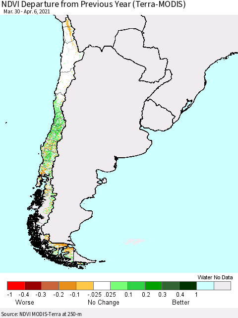 Chile NDVI Departure from Previous Year (Terra-MODIS) Thematic Map For 3/30/2021 - 4/6/2021