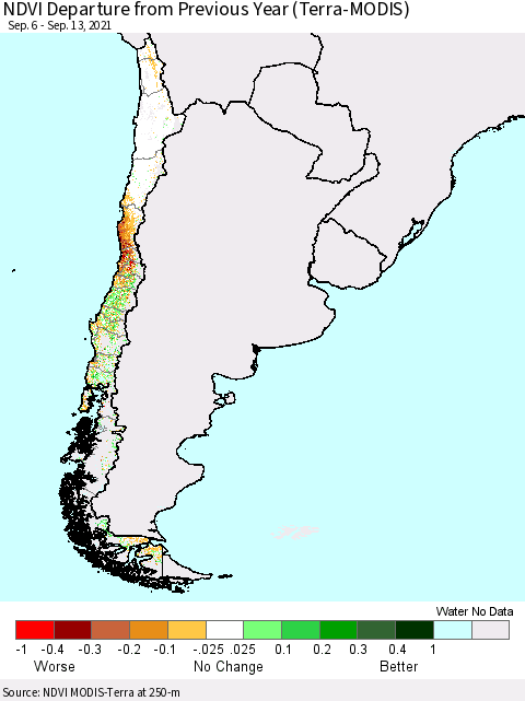 Chile NDVI Departure from Previous Year (Terra-MODIS) Thematic Map For 9/6/2021 - 9/13/2021
