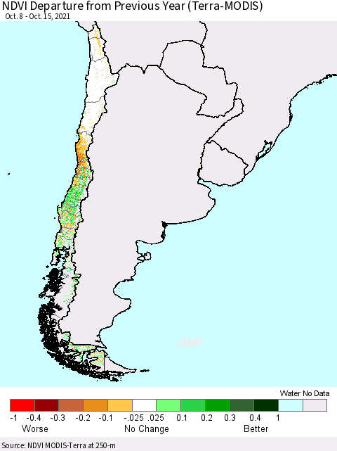 Chile NDVI Departure from Previous Year (Terra-MODIS) Thematic Map For 10/8/2021 - 10/15/2021