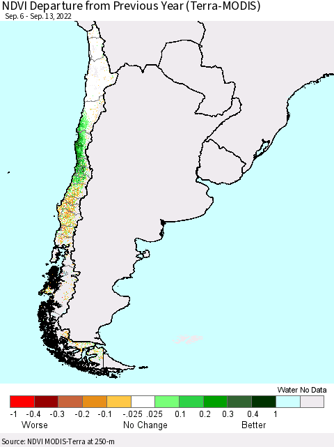 Chile NDVI Departure from Previous Year (Terra-MODIS) Thematic Map For 9/6/2022 - 9/13/2022