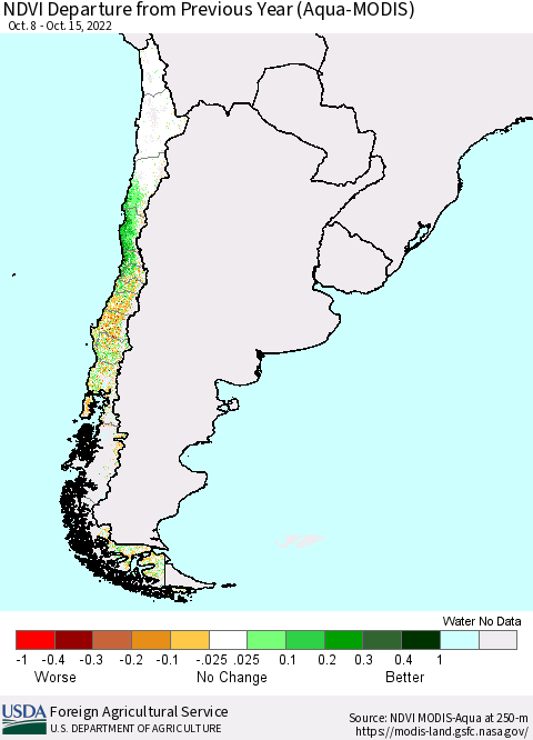 Chile NDVI Departure from Previous Year (Terra-MODIS) Thematic Map For 10/11/2022 - 10/20/2022