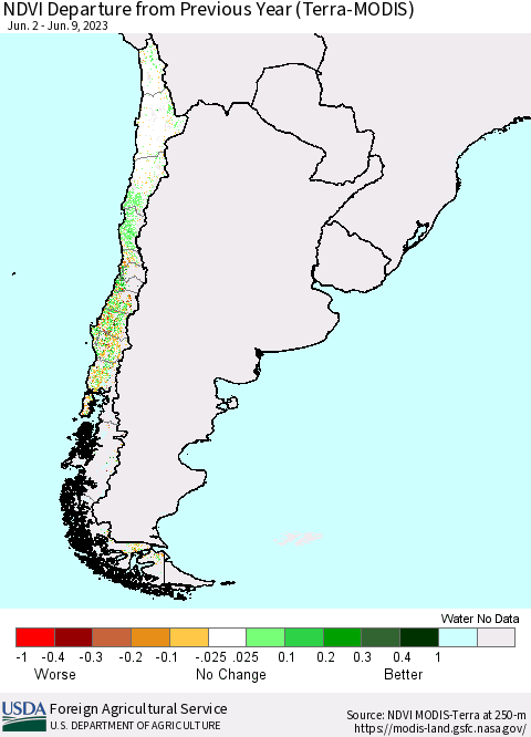 Chile NDVI Departure from Previous Year (Terra-MODIS) Thematic Map For 6/1/2023 - 6/10/2023