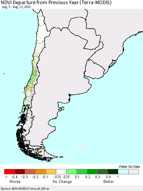 Chile NDVI Departure from Previous Year (Terra-MODIS) Thematic Map For 8/5/2023 - 8/12/2023