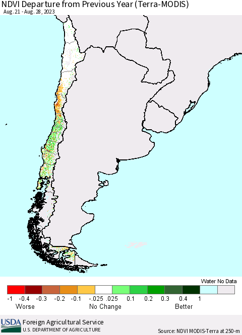 Chile NDVI Departure from Previous Year (Terra-MODIS) Thematic Map For 8/21/2023 - 8/31/2023