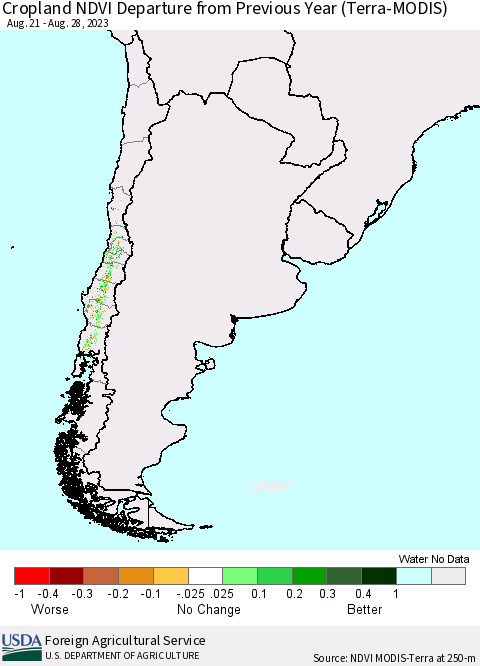 Chile Cropland NDVI Departure from Previous Year (Terra-MODIS) Thematic Map For 8/21/2023 - 8/31/2023