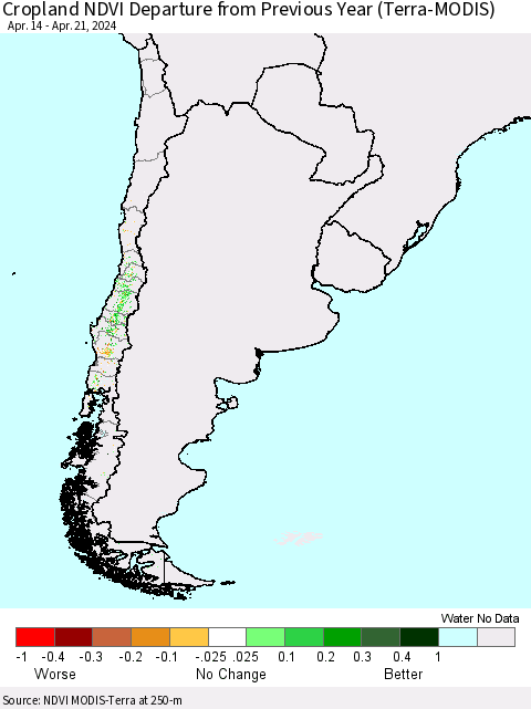 Chile Cropland NDVI Departure from Previous Year (Terra-MODIS) Thematic Map For 4/14/2024 - 4/21/2024