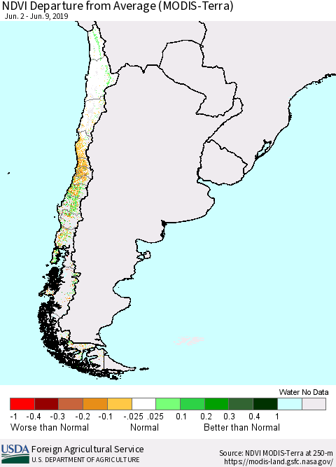 Chile NDVI Departure from Average (Terra-MODIS) Thematic Map For 6/1/2019 - 6/10/2019