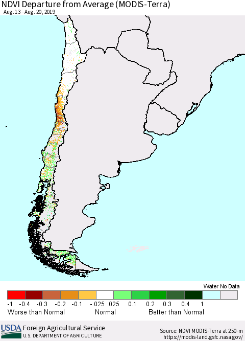 Chile NDVI Departure from Average (Terra-MODIS) Thematic Map For 8/11/2019 - 8/20/2019