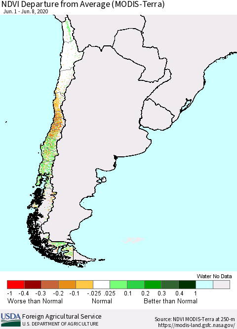 Chile NDVI Departure from Average (Terra-MODIS) Thematic Map For 6/1/2020 - 6/10/2020