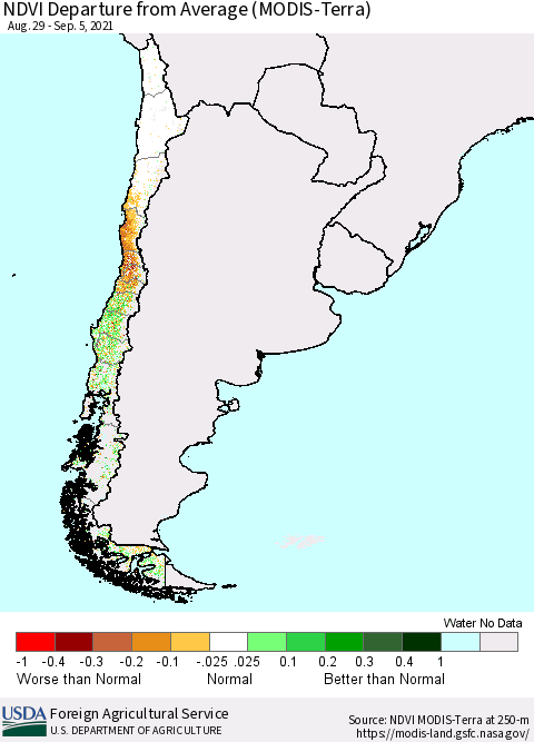 Chile NDVI Departure from Average (Terra-MODIS) Thematic Map For 9/1/2021 - 9/10/2021