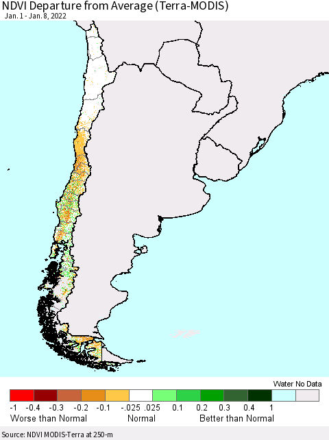 Chile NDVI Departure from Average (Terra-MODIS) Thematic Map For 1/1/2022 - 1/8/2022