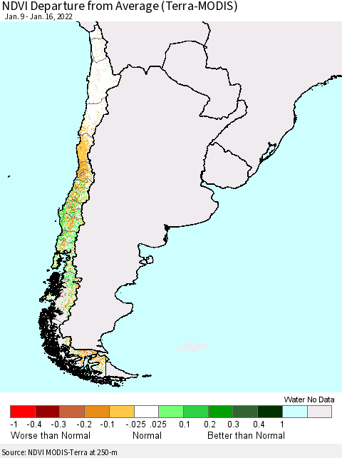 Chile NDVI Departure from Average (Terra-MODIS) Thematic Map For 1/9/2022 - 1/16/2022