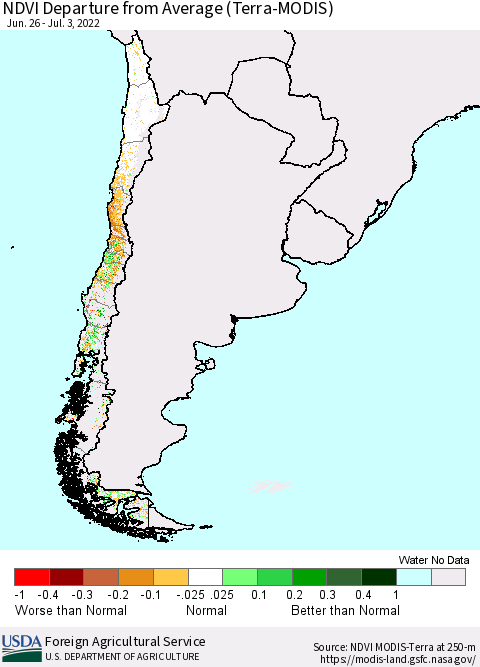 Chile NDVI Departure from Average (Terra-MODIS) Thematic Map For 7/1/2022 - 7/10/2022