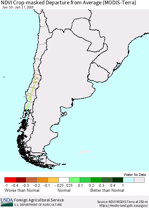 Chile Cropland NDVI Departure from Average (Terra-MODIS) Thematic Map For 6/11/2019 - 6/20/2019