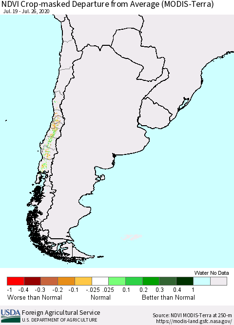 Chile Cropland NDVI Departure from Average (Terra-MODIS) Thematic Map For 7/21/2020 - 7/31/2020