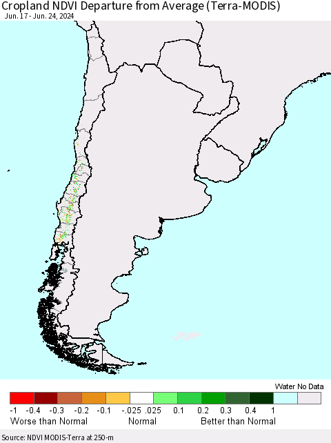 Chile Cropland NDVI Departure from Average (Terra-MODIS) Thematic Map For 6/17/2024 - 6/24/2024