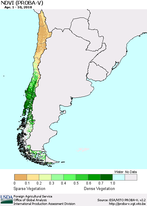 Chile NDVI (PROBA-V) Thematic Map For 4/1/2018 - 4/10/2018