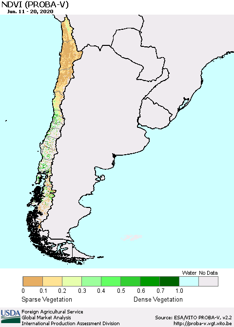 Chile NDVI (PROBA-V) Thematic Map For 6/11/2020 - 6/20/2020