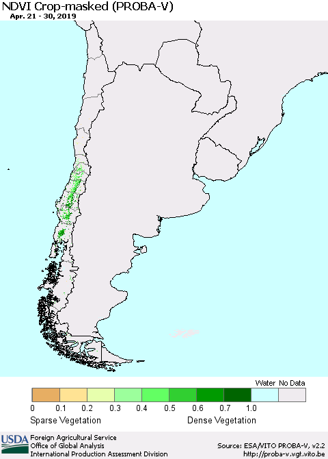 Chile NDVI Crop-masked (PROBA-V) Thematic Map For 4/21/2019 - 4/30/2019