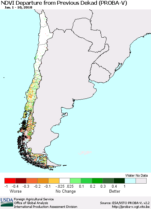 Chile NDVI Departure from Previous Dekad (PROBA-V) Thematic Map For 1/1/2018 - 1/10/2018