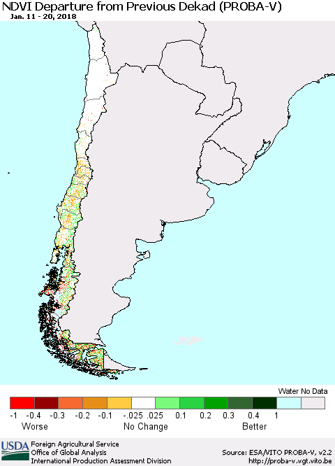 Chile NDVI Departure from Previous Dekad (PROBA-V) Thematic Map For 1/11/2018 - 1/20/2018