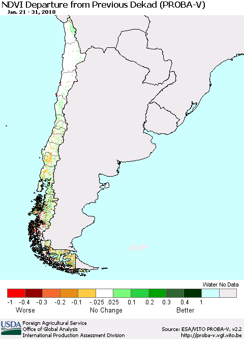 Chile NDVI Departure from Previous Dekad (PROBA-V) Thematic Map For 1/21/2018 - 1/31/2018