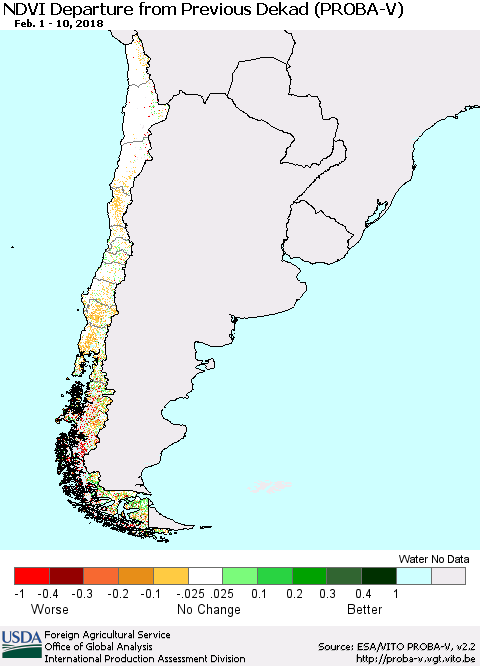 Chile NDVI Departure from Previous Dekad (PROBA-V) Thematic Map For 2/1/2018 - 2/10/2018