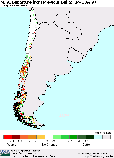 Chile NDVI Departure from Previous Dekad (PROBA-V) Thematic Map For 5/11/2018 - 5/20/2018