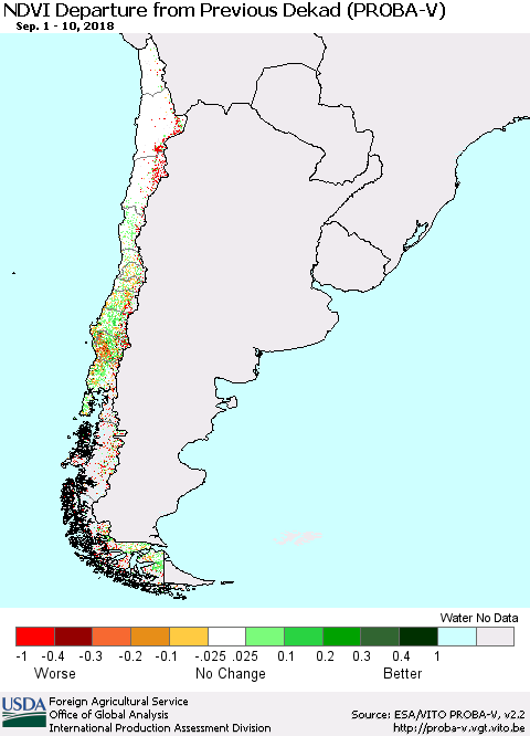 Chile NDVI Departure from Previous Dekad (PROBA-V) Thematic Map For 9/1/2018 - 9/10/2018
