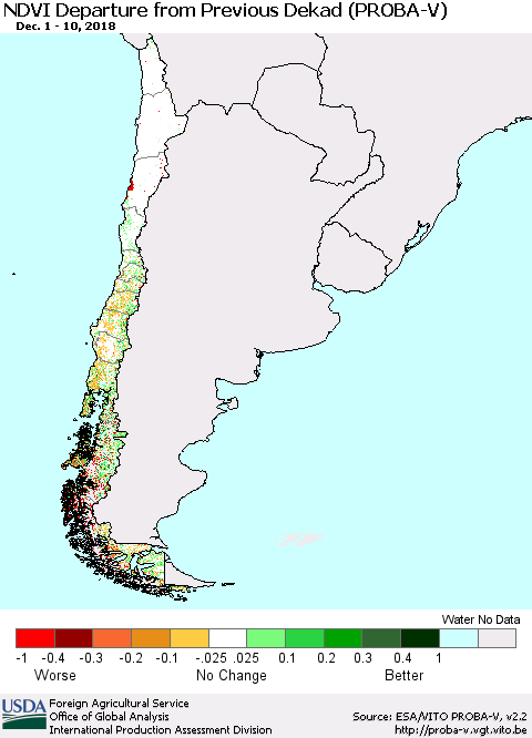 Chile NDVI Departure from Previous Dekad (PROBA-V) Thematic Map For 12/1/2018 - 12/10/2018