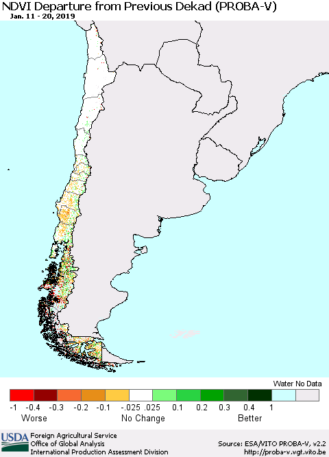 Chile NDVI Departure from Previous Dekad (PROBA-V) Thematic Map For 1/11/2019 - 1/20/2019