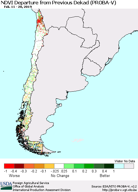 Chile NDVI Departure from Previous Dekad (PROBA-V) Thematic Map For 2/11/2019 - 2/20/2019